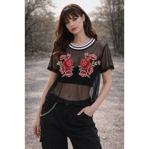 VTG Y2K Sheer Mesh Floral Rose Embroidered Tee Med Active Streetwear Athleisure